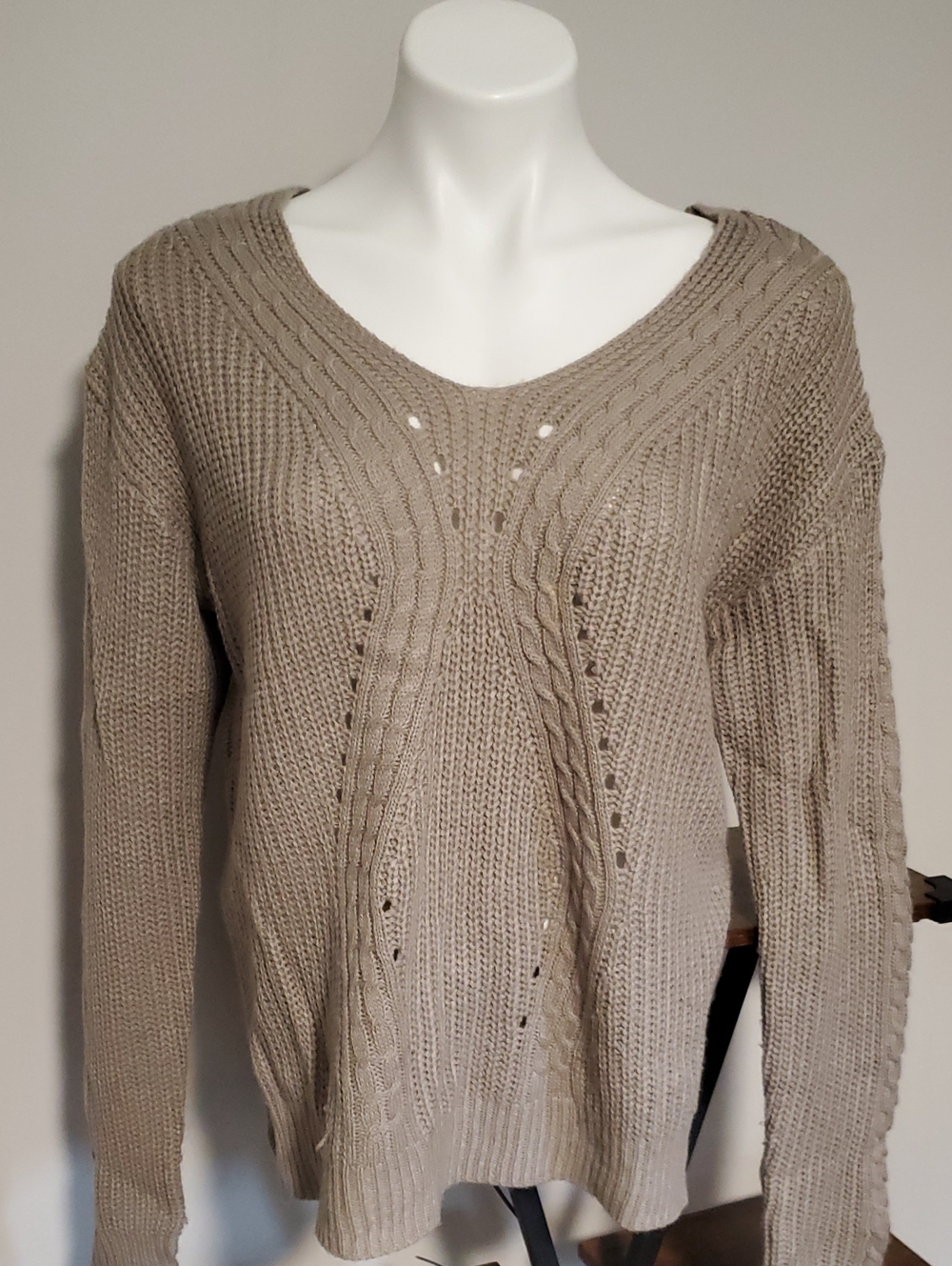 Cozy Casual Beige Cable V-Neck Sweater